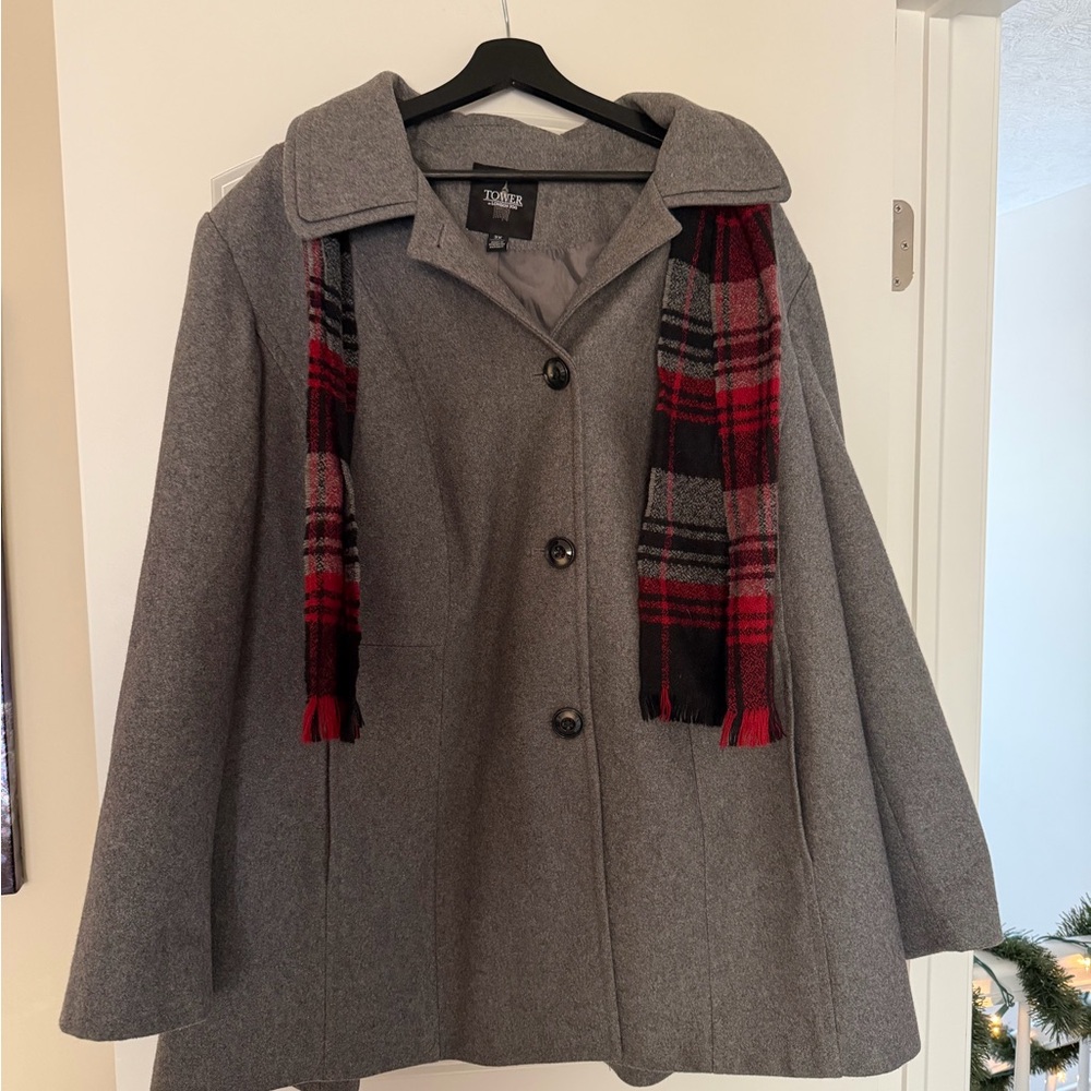 London Fog Tower Gray Pea Coat with Red Plaid Accent